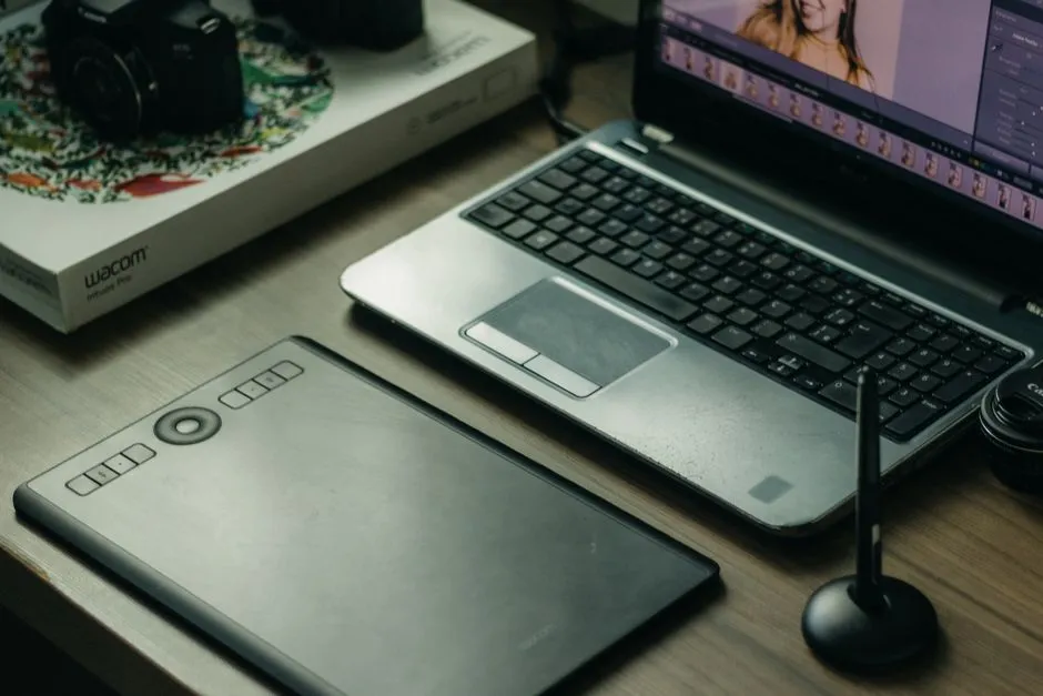 A graphics tablet and stylus next to a laptop on a desk, illustrative of the design tools used to pick and place icons